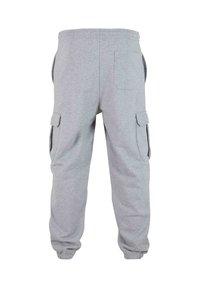 Grå sweatpants med elastiskt midjeband, sidofickor i cargo-stil och elastiska muddar vid anklarna. Mjuk tyg med en slät yta.