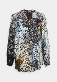 Långärmad blus i lätt tyg med ett flerfärgat leopardmönster i nyanser av svart, blått, beige och brunt. Plisserad detalj på baksidan.
