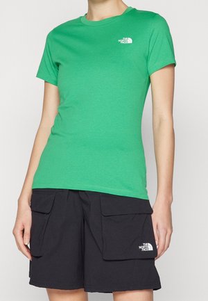 Persoon draagt een groen T-shirt met korte mouwen en zwarte cargoshorts, beide met het zichtbare The North Face-logo op de borst en het been.