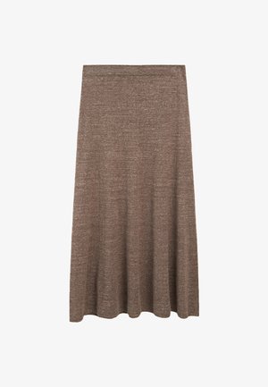 Brąskowy dzianinowy midi spódnica o zwiewnym kroju, z gładkim elastycznym pasem i subtelną strukturą na całej powierzchni.