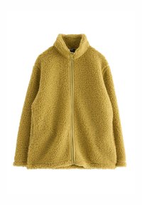 Giacca in pile gialla con colletto alto, zip completa e superficie texturizzata. Presenta una vestibilità ampia e tasche laterali.