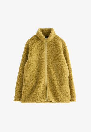 Giacca in pile gialla con colletto alto, zip completa e superficie texturizzata. Presenta una vestibilità ampia e tasche laterali.