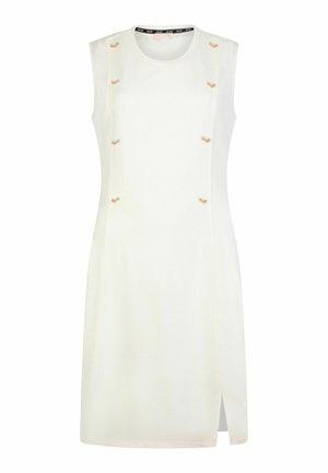 Robe blanche sans manches à coupe droite, avec des coutures verticales et des boutons décoratifs sur le côté, ainsi qu'une fente latérale discrète.