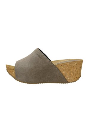 Sandalo con zeppa in camoscio grigio a punta aperta, suola in sughero e design slip-on, visto di lato su sfondo bianco.
