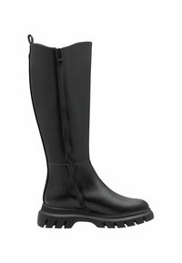 Botte noire en cuir, montante jusqu'au genou, avec une fermeture éclair sur le côté, semelle en caoutchouc robuste et accents texturés à la base pour une meilleure adhérence. Fini lisse dans l'ensemble.