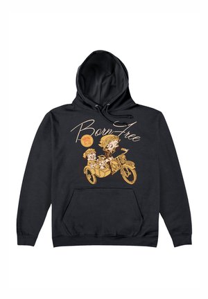 Czarna bluza z kapturem z grafiką dwóch postaci na rowerze oraz napisem "Born Free" w kolorze beżowym. Zawiera kieszeń z przodu oraz sznurki do regulacji kaptura.
