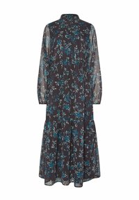 Abito a maniche lunghe, con stampa floreale scura e colletto con bottoni, caratterizzato da una gonna a strati e maniche trasparenti con motivi floreali blu e verdi.