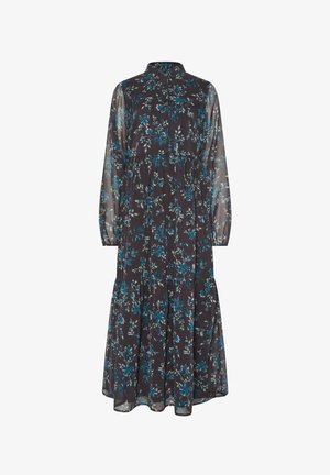 Długa sukienka z długim rękawem w ciemny kwiatowy wzór z kołnierzykiem zapinanym na guziki, z warstwową spódnicą i przezroczystymi rękawami w niebieskie i zielone kwiatowe wzory.