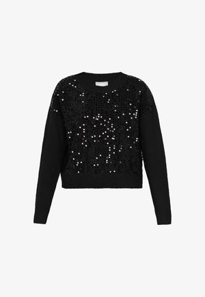Schwarzer Pullover mit langen Ärmeln aus Strick und Rundhalsausschnitt, verziert mit glitzernden schwarzen Pailletten auf der Vorderseite und den oberen Ärmeln.
