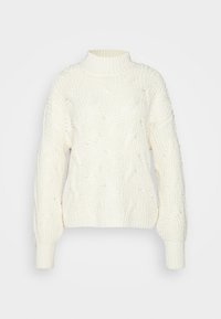 White knitted sweater with a high neck, featuring a textured cable pattern, drop shoulders, and ribbed cuffs and hem.