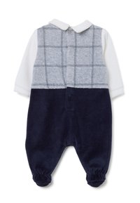Tutina da neonato a quadri grigi e blu scuro, con colletto bianco e bottoni a pressione sul davanti. Realizzata in tessuto morbido con polsini arricciati.