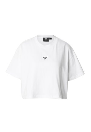 Tricou scurt alb din bumbac, cu decolteu rotund și mâneci scurte. Are un mic logo negru brodat pe piept.