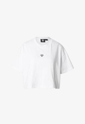 Tricou scurt alb din bumbac, cu decolteu rotund și mâneci scurte. Are un mic logo negru brodat pe piept.