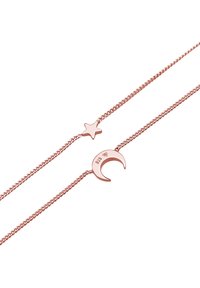 Rose gold kædearmbånd med en stjerne og en halvmåne vedhæng, med en tekstureret finish og indgraveret 925-mærke for sølvkvalitet.