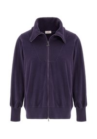 Giacca zip-up viola con colletto alto, texture a coste e maniche lunghe. Presenta polsini elasticizzati e un materiale morbido e liscio.