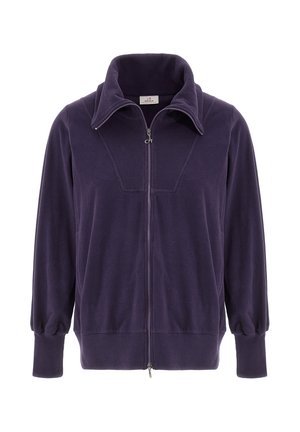 Lila Zip-up-Jacke mit hohem Kragen, gerippter Oberfläche und langen Ärmeln. Verfügt über elastische Bündchen und ein glattes, weiches Material.