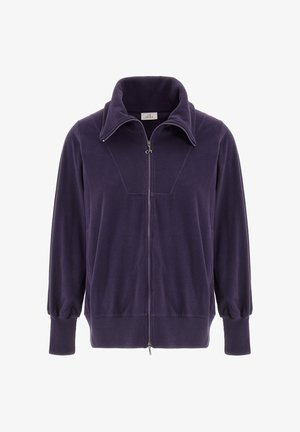 Purple zip-up jacket with a high collar, ribbed texture, and full-length sleeves. Features elastic cuffs and a smooth, soft material.