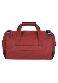 Borsa da viaggio in tessuto rosso con fondo nero, maniglie doppie e scomparto con cerniera. Presenta una superficie testurizzata e cuciture rinforzate.