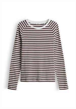 Maglia a maniche lunghe a costine con righe orizzontali marroni e bianche, scollo rotondo e maniche raglan. Tessuto morbido e elasticizzato.