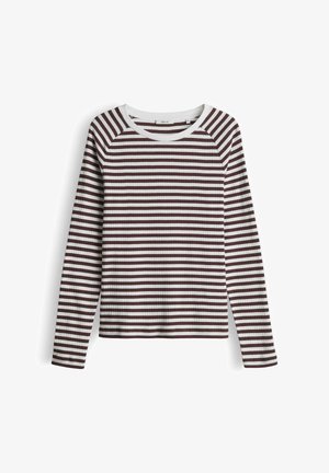 Langärmliges, geripptes Shirt mit braun-weißen horizontalen Streifen, Rundhalsausschnitt und Raglanärmeln. Weicher Stoff mit Stretchanteil.