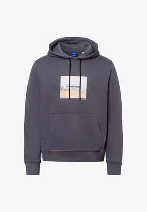 Felpa grigia in tessuto misto cotone, con tasca frontale, cappuccio regolabile con cordino e un design grafico quadrato sul petto.