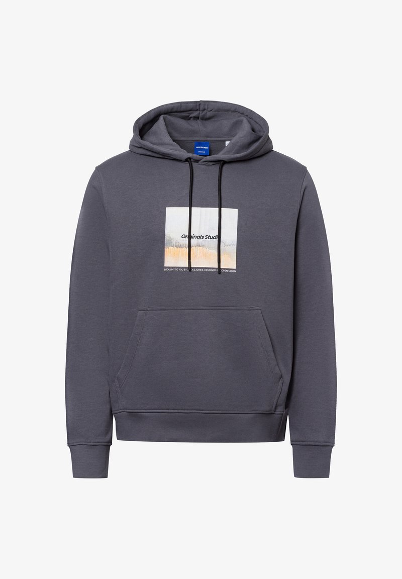 Felpa grigia in tessuto misto cotone, con tasca frontale, cappuccio regolabile con cordino e un design grafico quadrato sul petto.