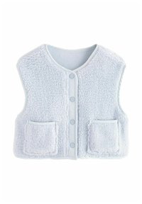 Fleece vest in lichtblauw met een gestructureerd oppervlak, voorzien van een ronde hals, een sluiting met knopen aan de voorkant en twee voorzakken.