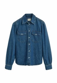 Chemise en denim avec col boutonné, manches longues à poignets froncés, deux poches avant, dans un délavage bleu moyen.
