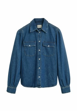 Denimshirt met een knoopsluiting kraag, lange mouwen met omgeslagen manchetten, twee voorklauwen in een medium blauwe wassing.