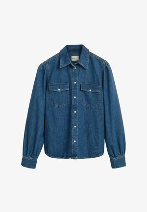 Denimhemd mit Button-Down-Kragen, langen Ärmeln mit gerafften Manschetten, zwei Brusttaschen, in einer mittelblauen Waschung.