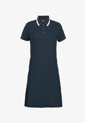Polokleid in Marineblau mit weißem Kragen, kurzen Ärmeln, durchgehender Knopfleiste und seitlichen Schlitzen. Hergestellt aus glattem Stoff. Klassisches Design.