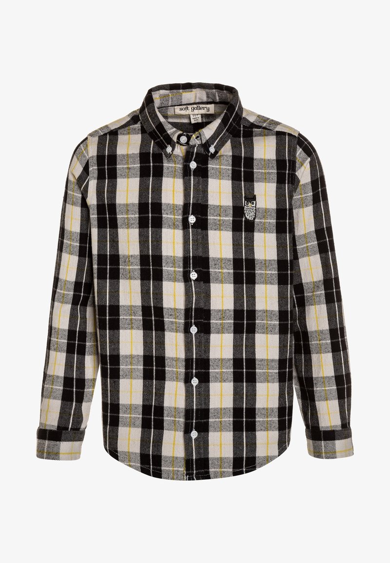 Chemise à carreaux noirs, gris et jaunes en flanelle ; présente un col boutonné, des manches longues et une broderie de hibou.