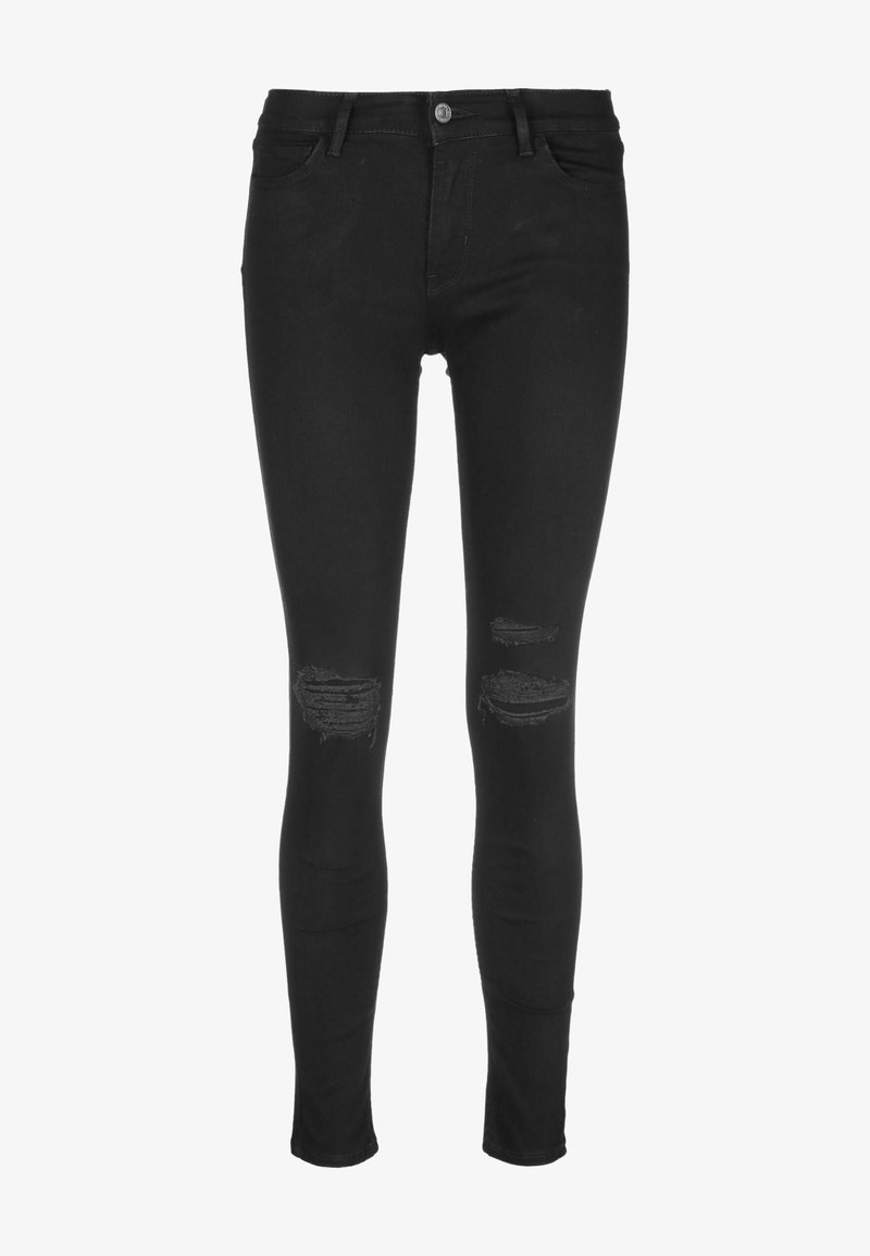 Jeans skinny de mezclilla negra con cintura alta, que presentan roturas desgastadas en las rodillas y bolsillos estándar, confeccionados con una tela elástica para mayor comodidad.