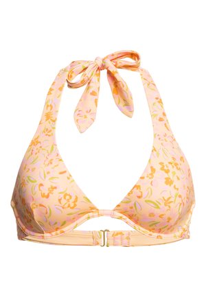 Dried driehoekige bikini-top in licht perzik met bloemmotief in oranje en groen. Heeft haltertouwtjes en een sluiting aan de achterkant. Soepele textuur.