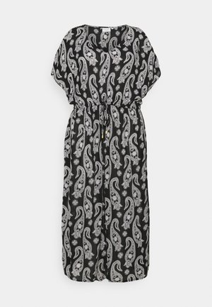 Robe midi noire avec motif blanc paisley et floral, manches courtes, encolure ronde et taille cintrée avec cordon.