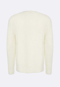 Maglione color crema chiaro, realizzato in materiale morbido, con scollo rotondo, maniche lunghe e una finitura liscia e texture.