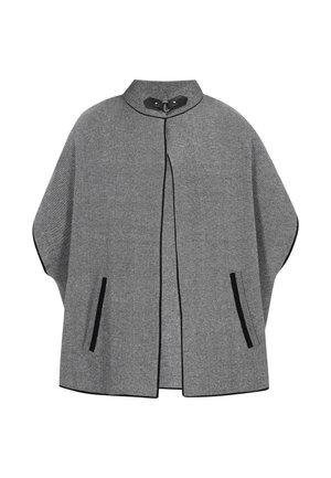 Grijze wollen cape met een hoge kraag, zwarte afwerking en twee zijzakken. Bevat een knoopsluiting bij de nek en heeft een relaxte pasvorm.