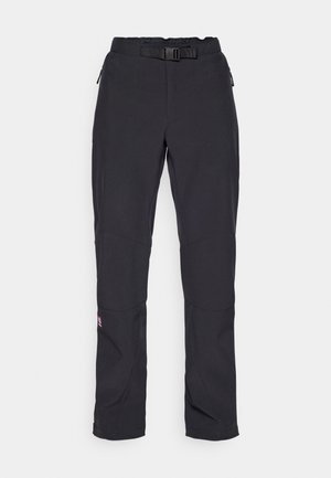 Pantaloni neri da esterno con cintura, in tessuto elastico, gambe affusolate e toppe rinforzate sulle ginocchia. Inclusi taschini laterali con zip.