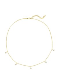 Złoty naszyjnik łańcuszkowy z pięcioma dekoracyjnymi, przezroczystymi kryształami, z delikatnym wzorem ogniw i regulowanym zapięciem z przedłużeniem łańcucha.