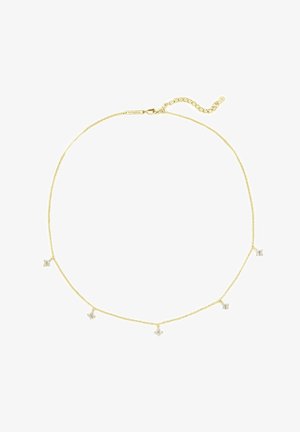Collier en chaîne dorée avec cinq cristaux transparents décoratifs, présentant un design de maillons délicats et un fermoir ajustable avec une extension de chaîne.