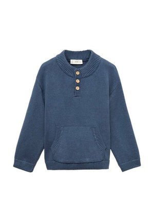Pull en maille bleu avec un col montant, trois boutons en bois et une poche sur le devant. Présente des poignets et un ourlet côtelés pour ajouter de la texture.