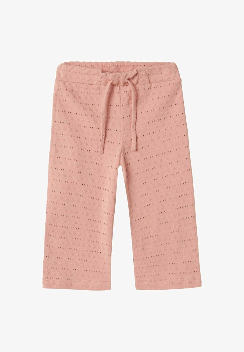 Růžové bavlněné kalhoty s texturovanou tkaninou s malými otvory, elastickým pasem a stahovací šňůrkou. Rovný střih nohavic.