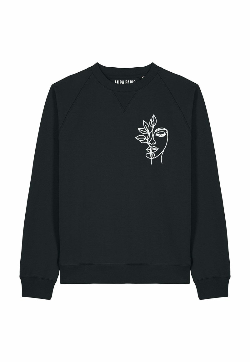 Felpa nera con scollo tondo e maniche lunghe. Presenta un disegno a linee bianche di un volto e foglie sul davanti. Realizzata in tessuto morbido.