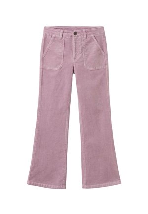 Jeans a zampa d'elefante in cotone lavanda morbido, caratterizzati da una vita alta, due tasche frontali e un tessuto testurizzato con sottili dettagli di cucitura.