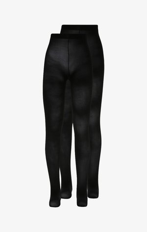 Schwarze, undurchsichtige Leggings aus dehnbarem Material mit hohem Bund und glatter Textur, entworfen für Komfort und Vielseitigkeit.