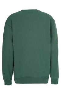 Grön sweatshirt med rund halsringning, ribbade muddar och nederkant samt mjuk textur, visad bakifrån utan ytterligare detaljer.
