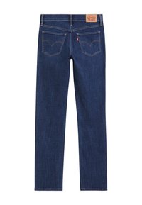 Jean en denim bleu foncé avec deux poches arrière, coutures orange, un patch en cuir marron de la marque et une étiquette en tissu rouge sur la poche droite.