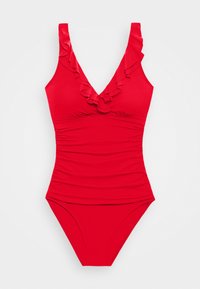 Bikini une pièce rouge avec un décolleté en volants, des côtés froncés et un design en V bas. Fabriqué en tissu lisse et extensible pour le confort et l'ajustement.
