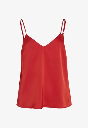 Camisole en satin rouge avec de fines bretelles réglables, un col en V et une texture lisse et brillante. Design simple sans embellissements.
