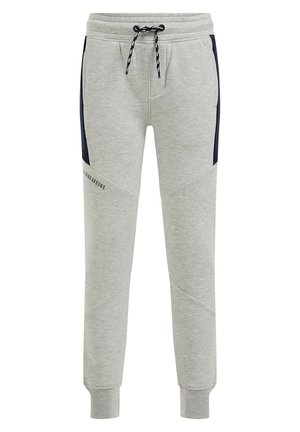 Gray cotton joggers with navy side panels, an elastic waistband, and drawstring closure. Features tapered legs and ribbed cuffs.